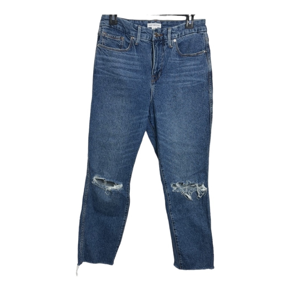 Good American Curve Straight Jeans Distressed Dark Wash Size 8/29